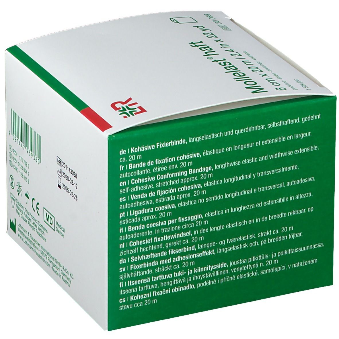 Verpackung Mollelast® haft, 6 cm x 20 m. Text in mehreren Sprachen. Grüne und weiße Verpackung.