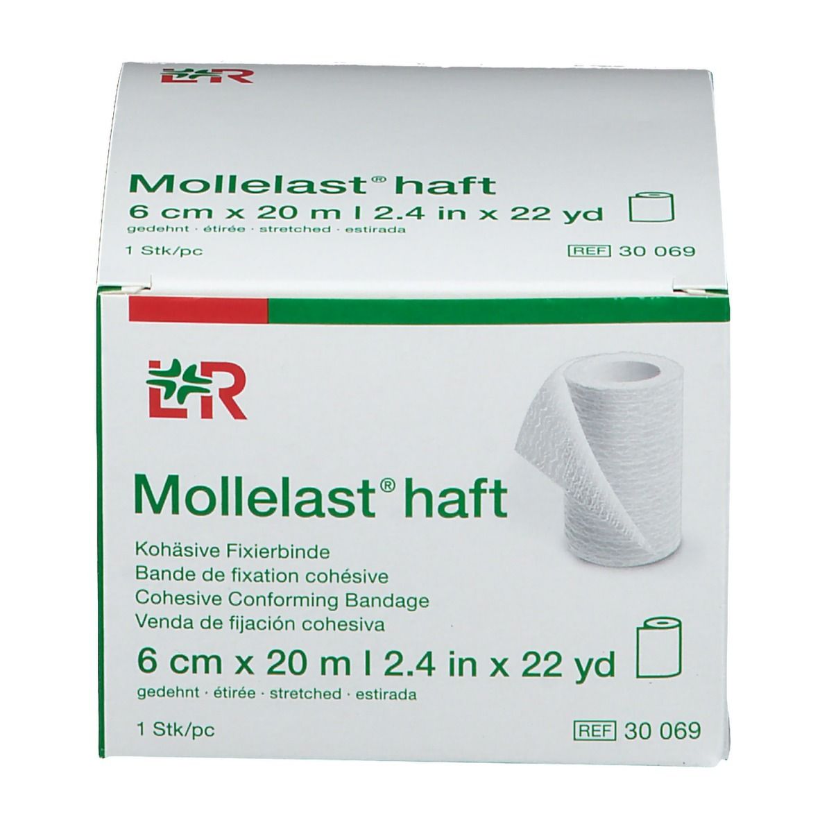 Verpackung Mollelast® haft, 6 cm x 20 m. Eine Rolle Verband ist sichtbar. Weißer Verband, grüne und weiße Verpackung.