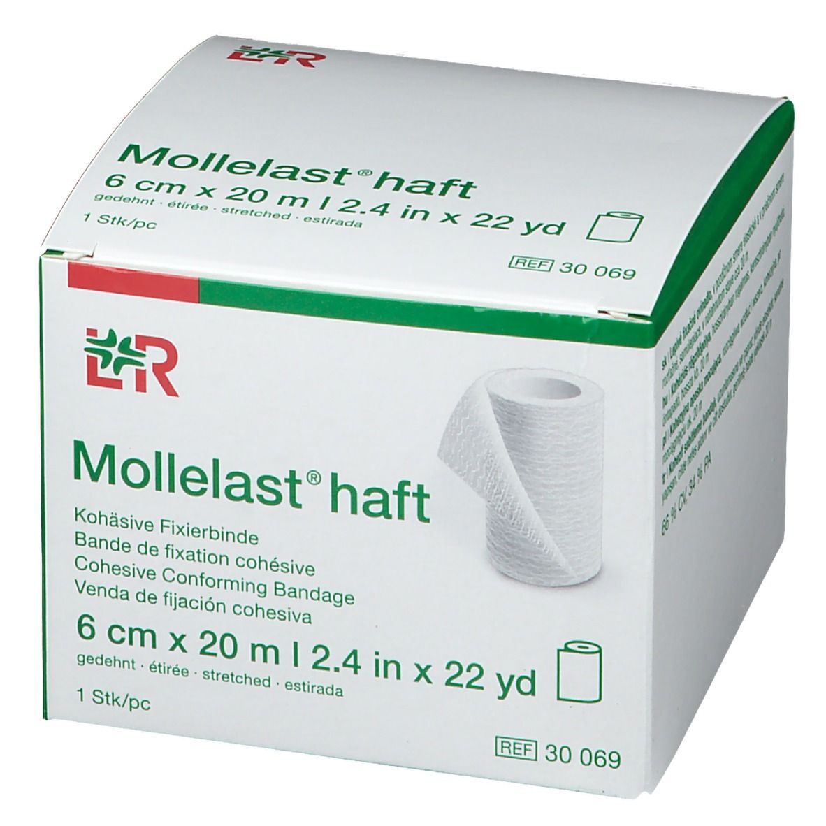 Verpackung Mollelast® haft, 6 cm x 20 m. Eine Rolle Verband ist sichtbar. Weißer Verband, grüne und weiße Verpackung.