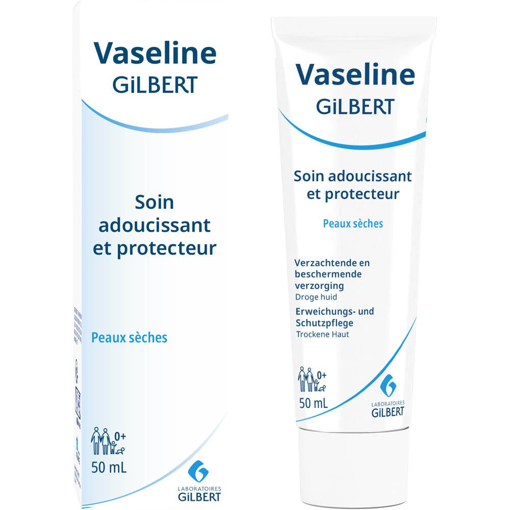 Tube et étui avec impression. Inscription: Vaseline GILBERT, Soin adoucissant et protecteur, Peaux sèches et sensibles. 50 ml.