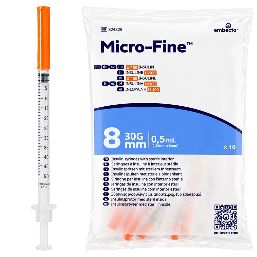 BD Micro-Fine Insulinspritze, 0,5 ml, 30G, 8 mm, mit orangefarbener Schutzkappe.