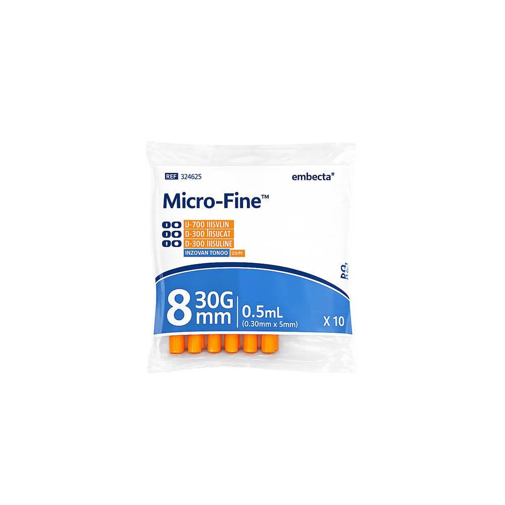 Emballage d'aiguilles Micro-Fine. Contient 10 aiguilles. Inscriptions: 8 mm, 30G, 0,5 ml. Marque: embecta.