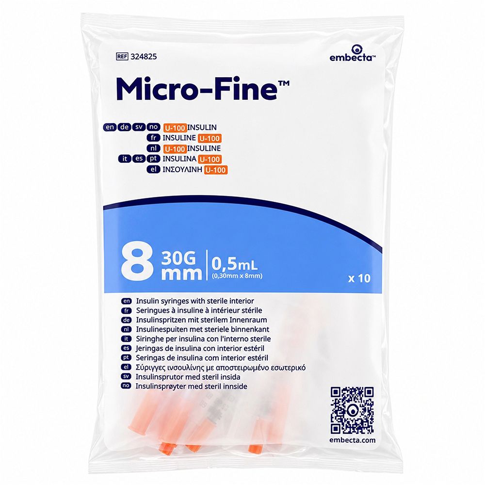 Packung mit 10 BD Micro-Fine Insulinspritzen, 0,5 ml, 30G, 8 mm. Steril verpackt.
