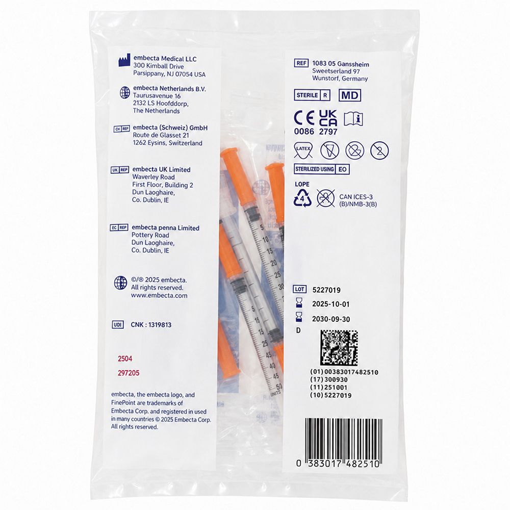 Packung mit 10 BD Micro-Fine Insulinspritzen, 0,5 ml, 30G, 8 mm. Steril verpackt.