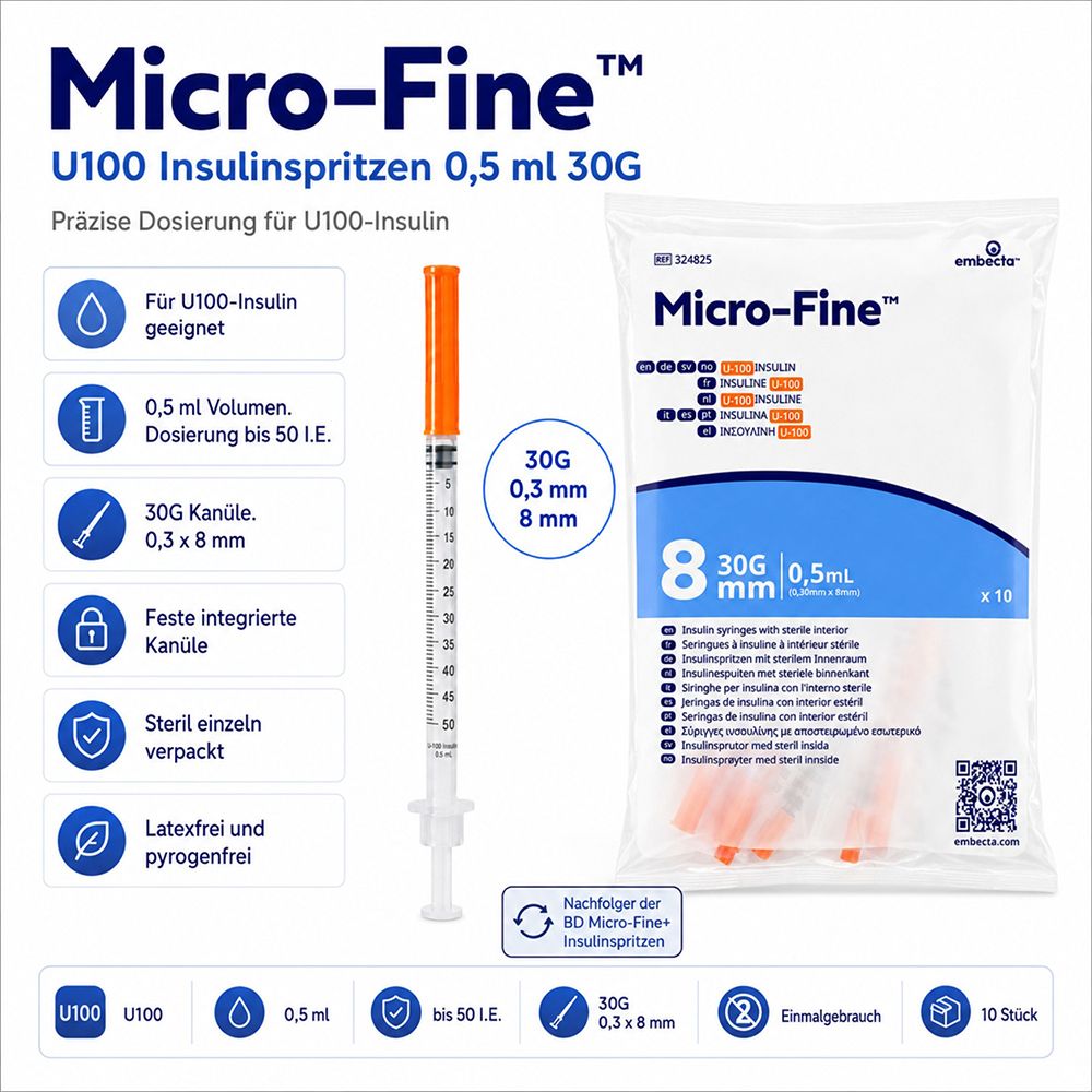 BD Micro-Fine Insulinspritze, 0,5 ml, 30G, 8 mm, mit orangefarbener Schutzkappe.