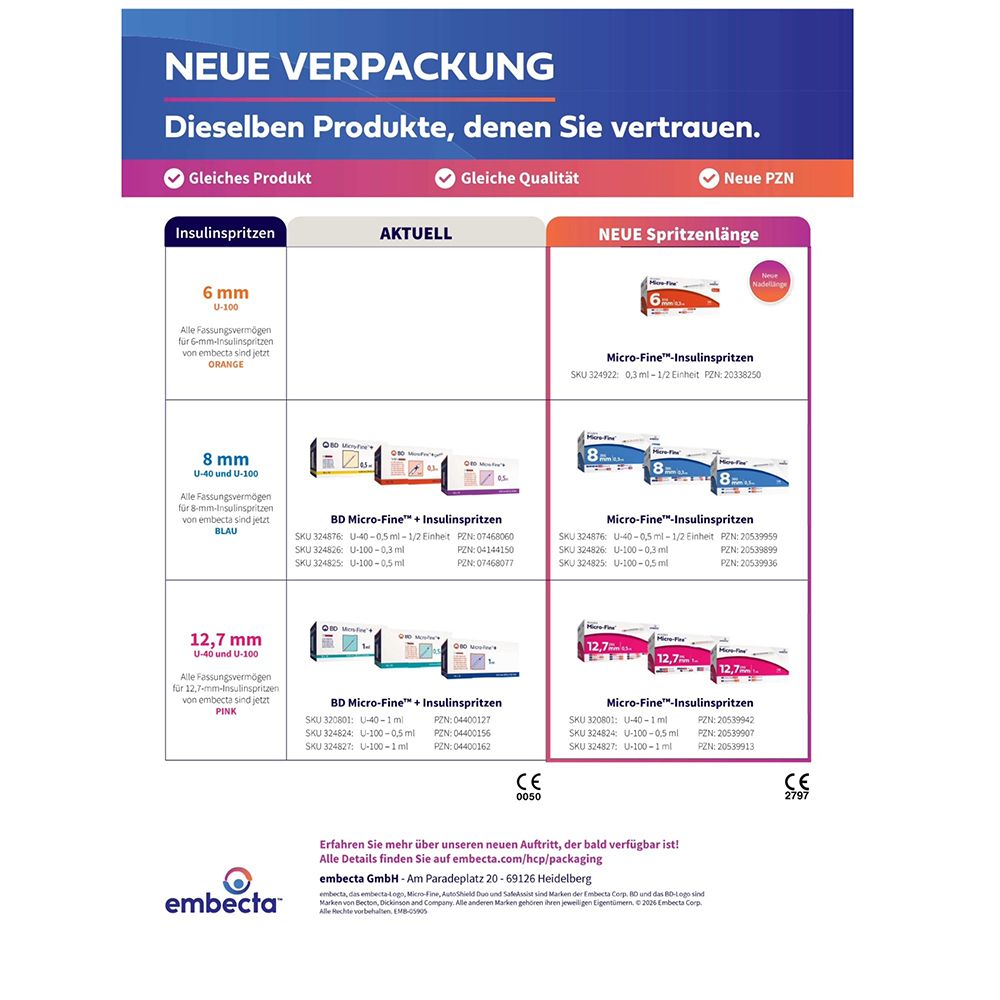 Packung mit 10 BD Micro-Fine Insulinspritzen, 0,5 ml, 30G, 8 mm. Steril verpackt.