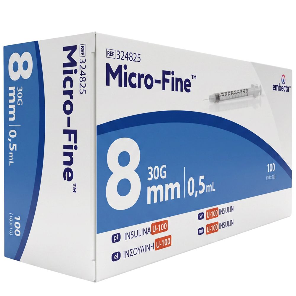 Packung mit 100 Einweg-Insulinspritzen, 8mm, 30G, 0,5ml.