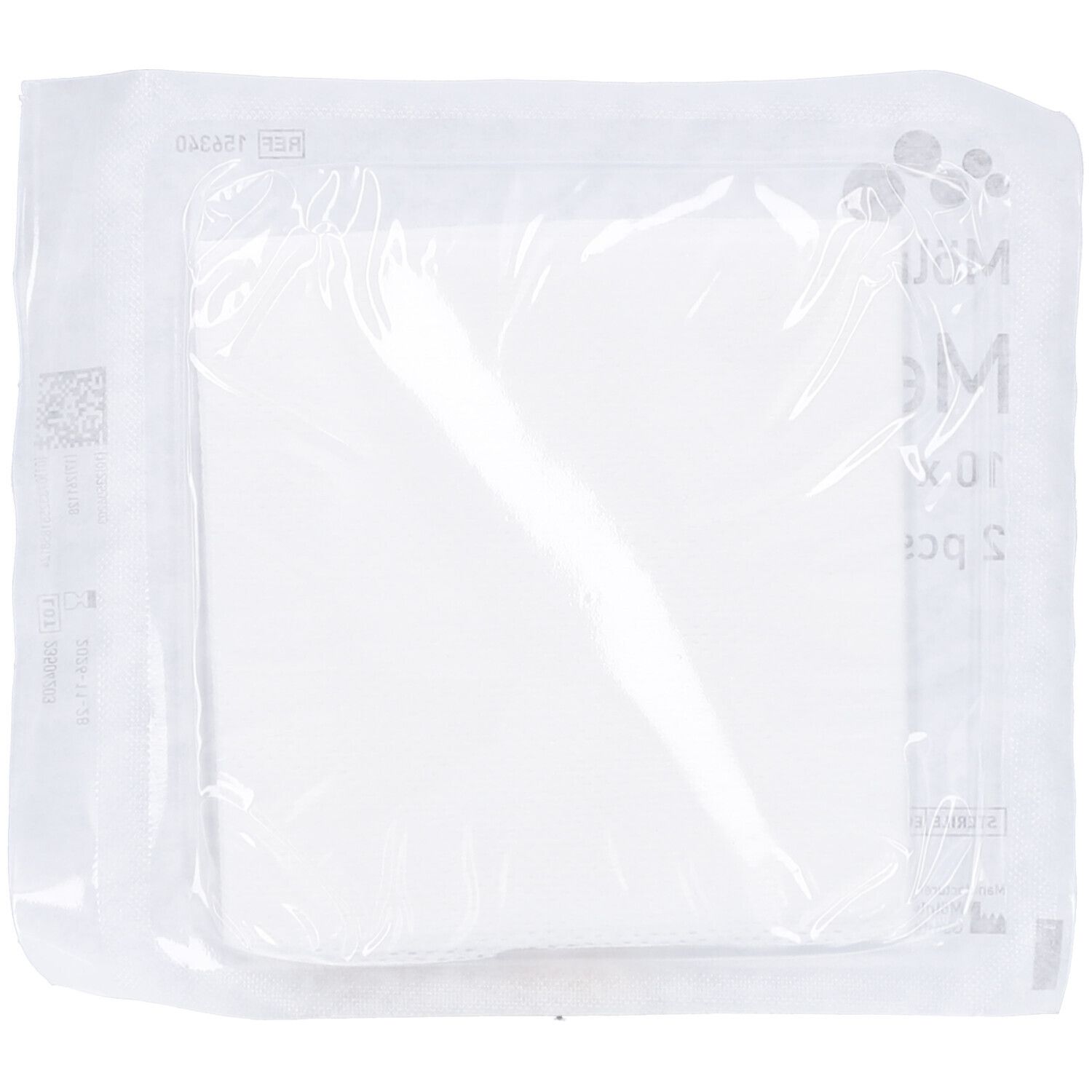 Quadratisches, weißes Mesoft-Pad in transparenter Verpackung. Produkt in Folie eingeschweißt.