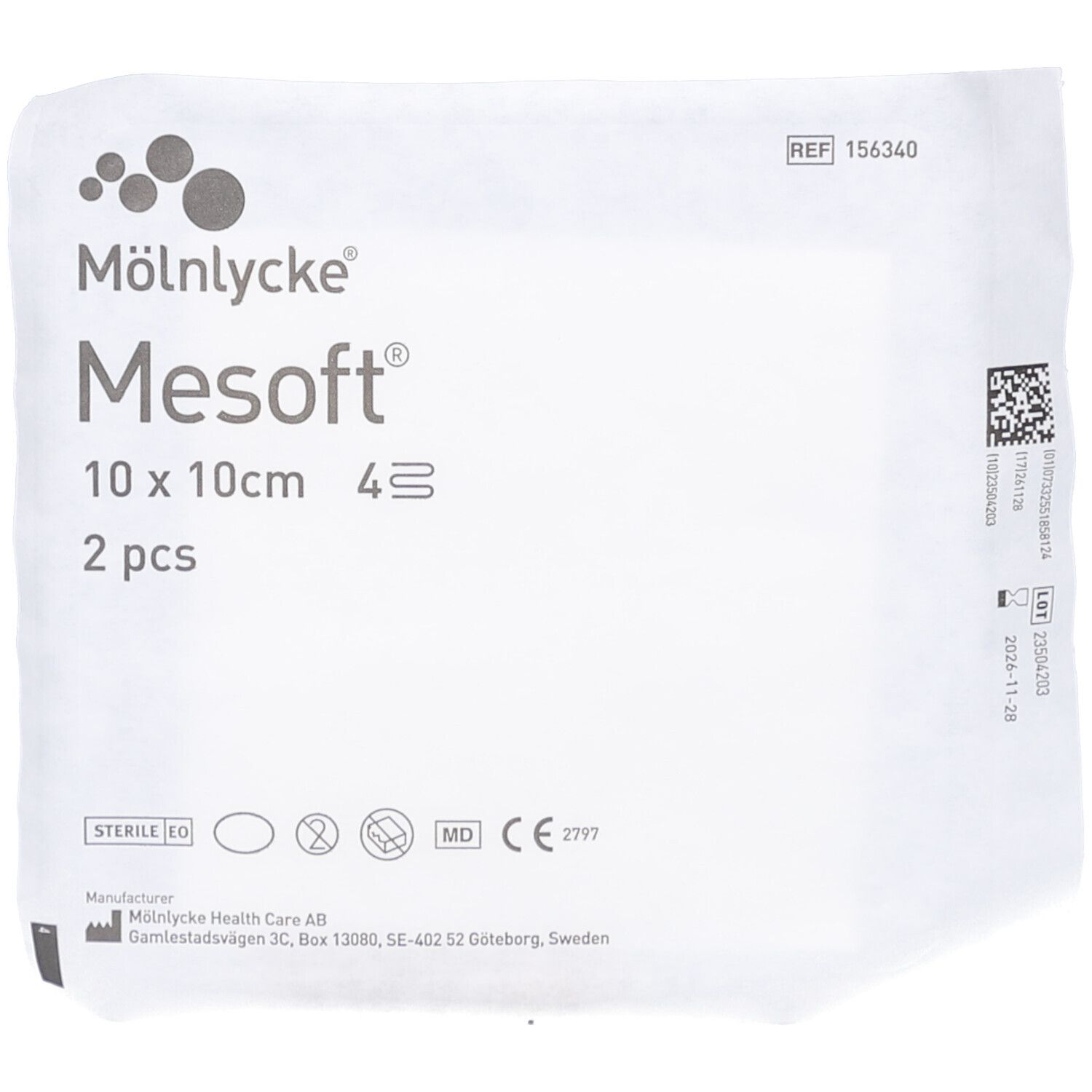 Mesoft-Verpackung mit Logo und Produktangaben. Enthält zwei Pads, 10 x 10 cm. Steril.