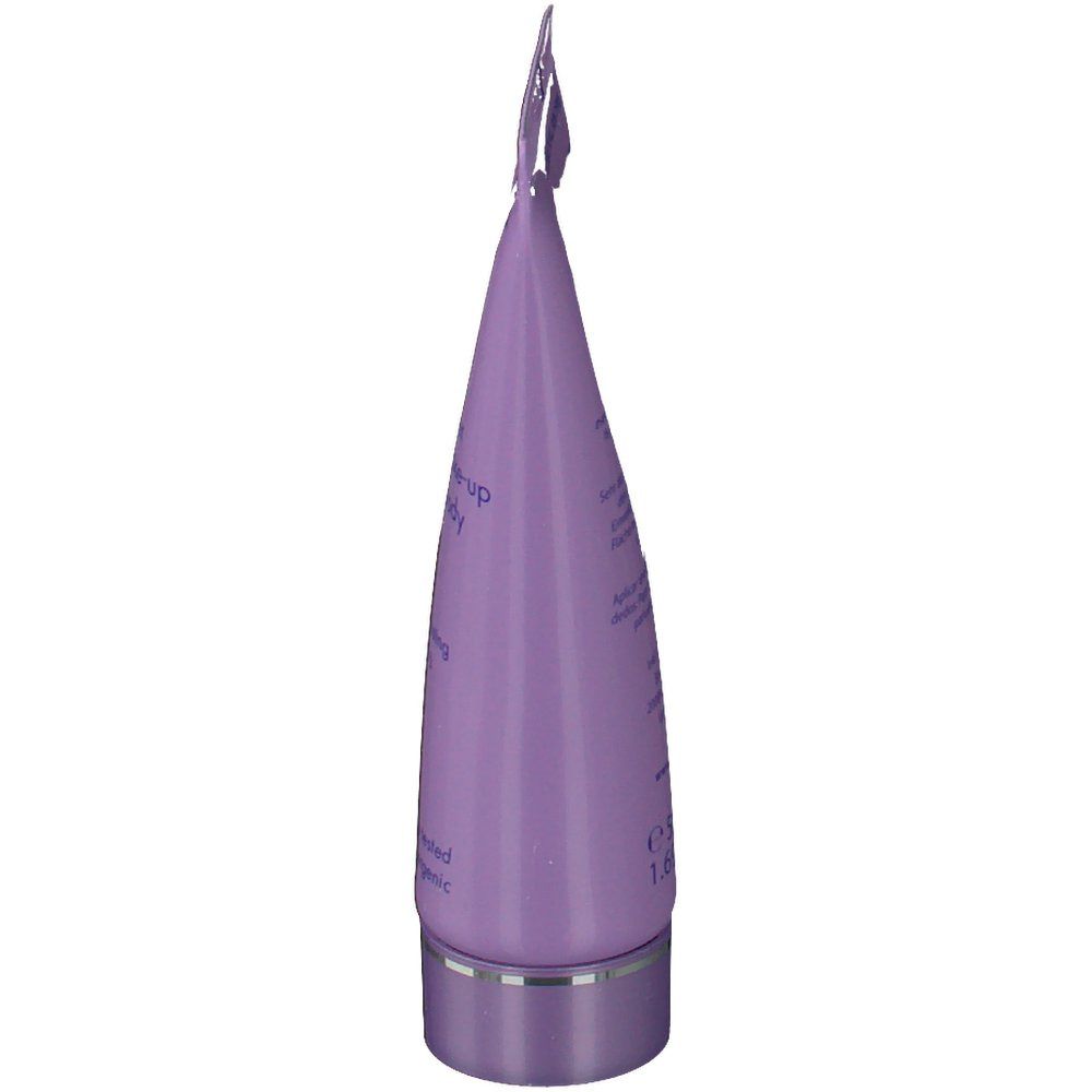 Lila Tube, schräg von der Seite gesehen. Silberfarbener Verschluss. Text in mehreren Sprachen.