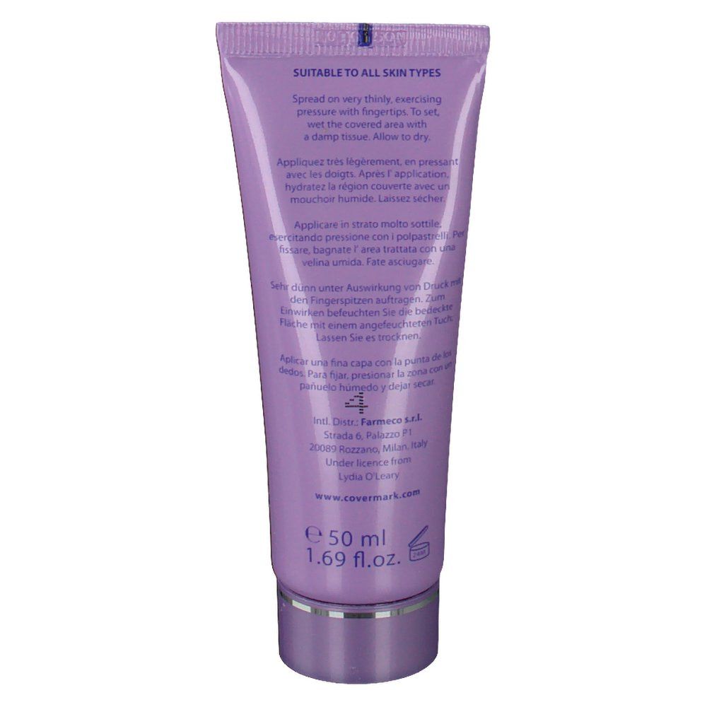 Rückseite einer lila Tube. Text in mehreren Sprachen, darunter 'COVERMARK' und '4'.
