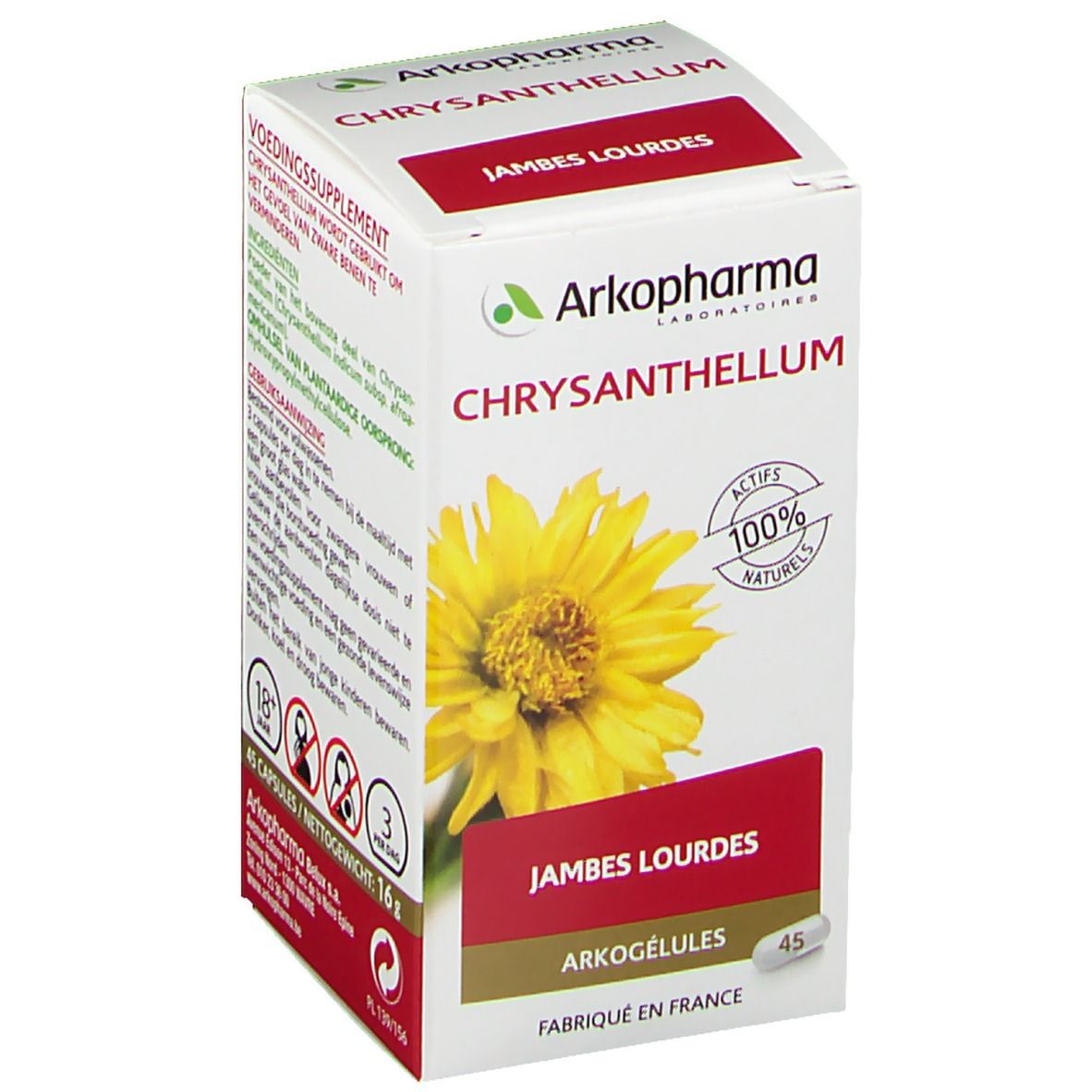 Boîte Arkopharma Chrysanthellum. Contient 45 gélules. Inscription: Jambes Lourdes. Actifs 100% naturels.