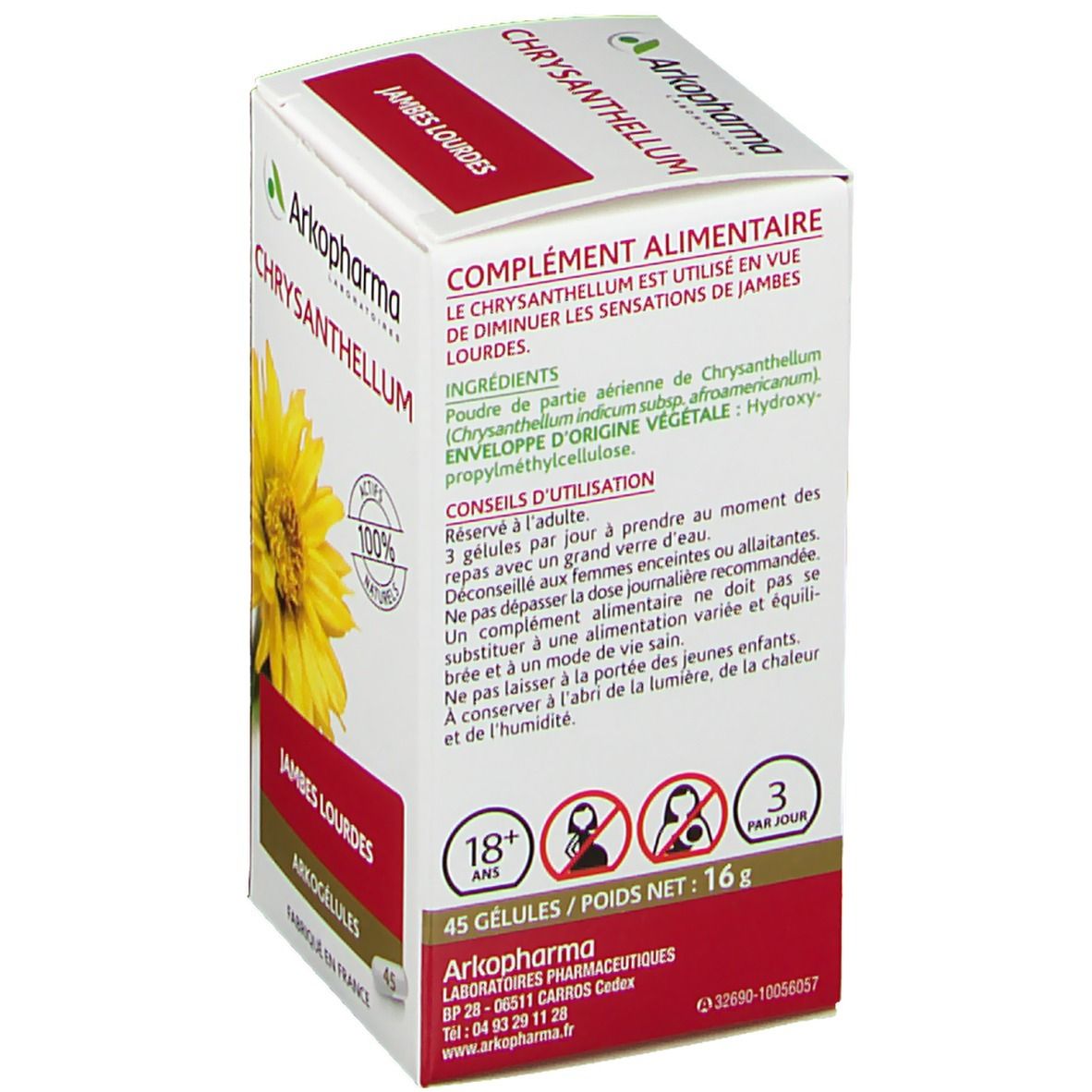 Dos de la boîte Arkopharma Chrysanthellum. Informations sur les ingrédients et l'utilisation. 45 gélules.