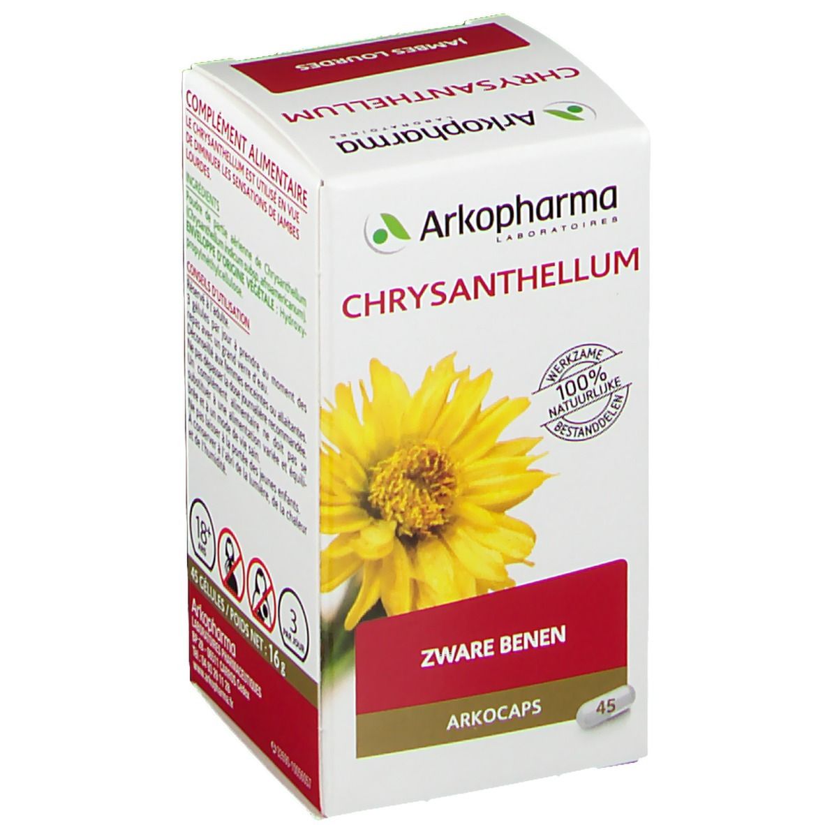 Boîte Arkopharma Chrysanthellum. Inscription: Zware benen. Contient 45 gélules. Actifs 100% naturels.