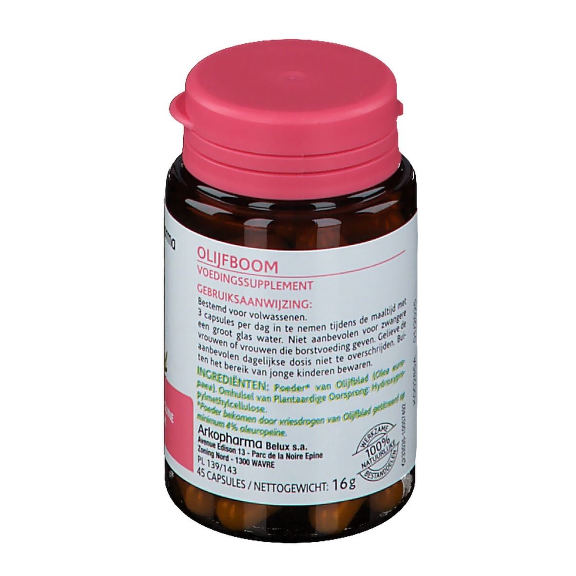 Braune Flasche mit rosa Deckel. Etikett mit Text und Inhaltsangaben. 45 Kapseln. 100% natürliche Zertifizierung.