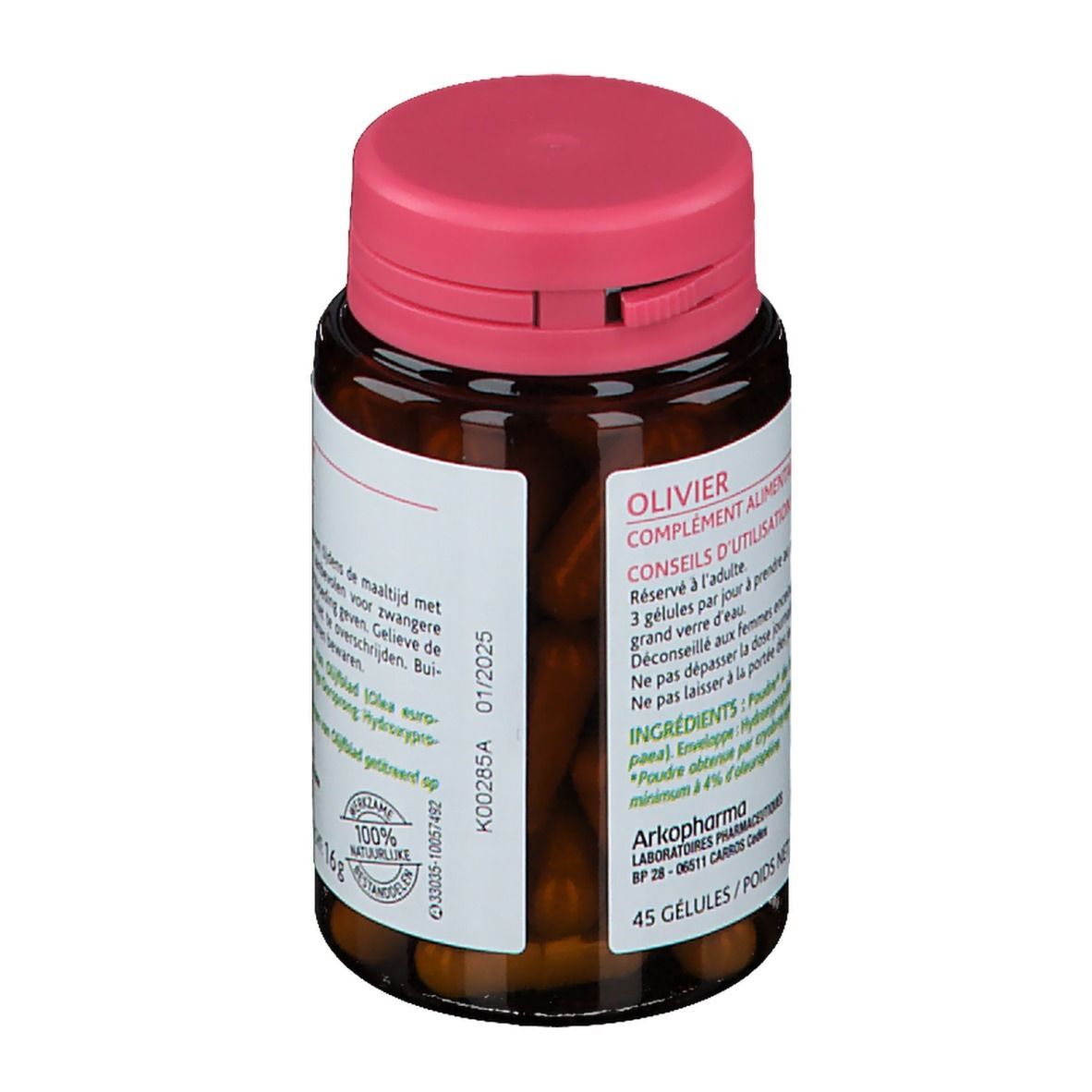 Braune Flasche mit rosa Deckel. Etikett mit Text und Verfallsdatum. 45 Kapseln. 100% natürliche Zertifizierung.