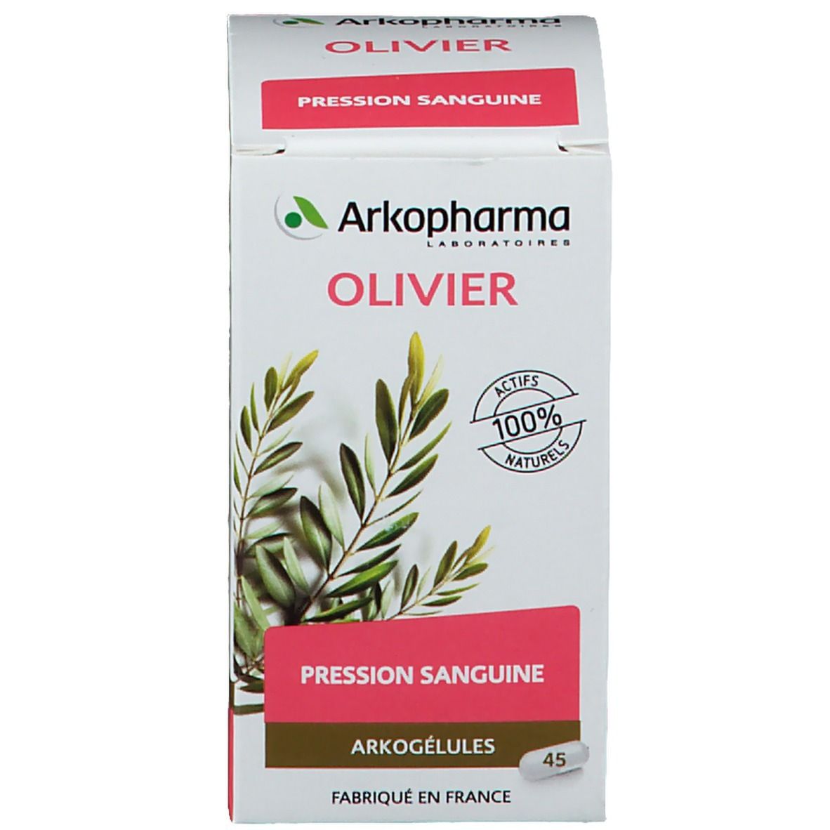 Produktverpackung, Schachtel mit Text und Logo. Text: OLIVIER, Pression Sanguine, Arkogélules. 45 Kapseln. 100% natürlich.