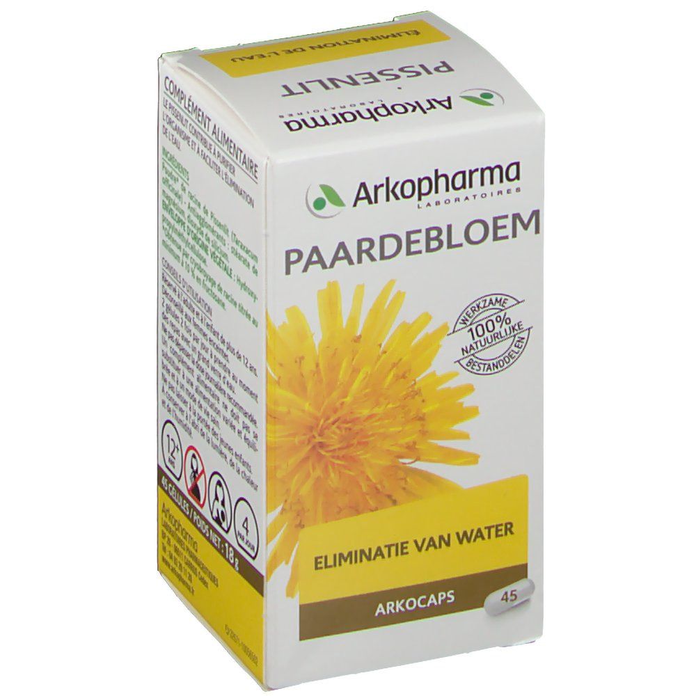 Karton mit Arkopharma Paardebloem. Gelbe Schrift und Illustration einer Löwenzahnblüte. 45 Kapseln, 18g.