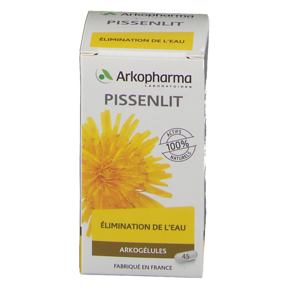 Karton mit Arkopharma Pissenlit. Gelbe Schrift und Illustration einer Löwenzahnblüte. 45 Kapseln.