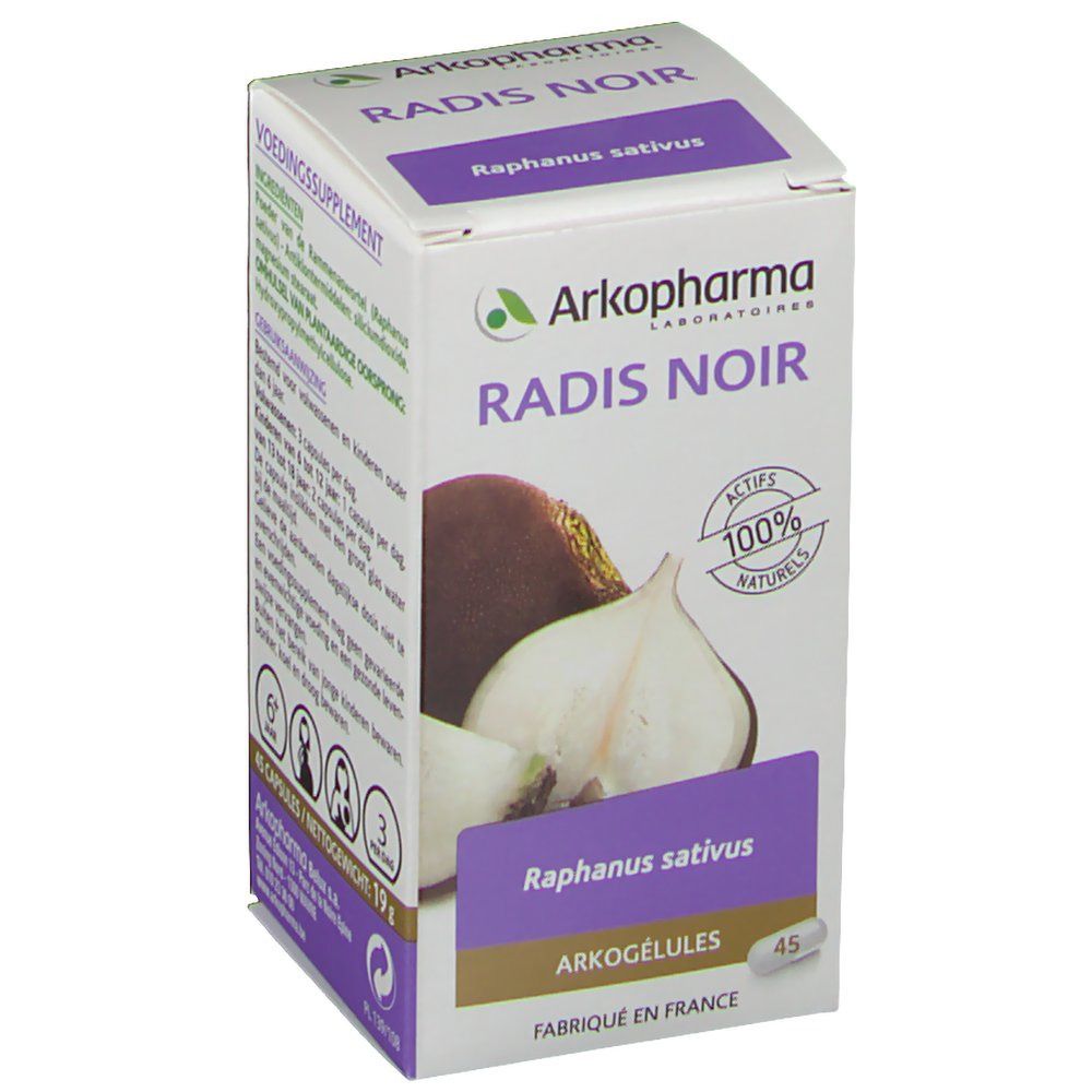 Schachtel mit Arkocaps Radis Noir. Abbildung von Radieschen und Produktinformationen. 45 Kapseln.