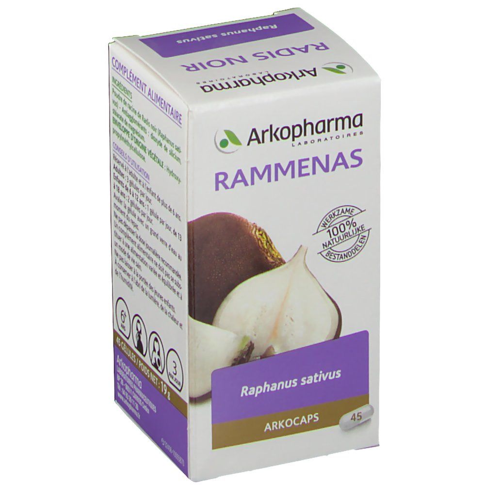 Schachtel mit Arkocaps Rammenas. Abbildung von Radieschen und Produktinformationen. 45 Kapseln.