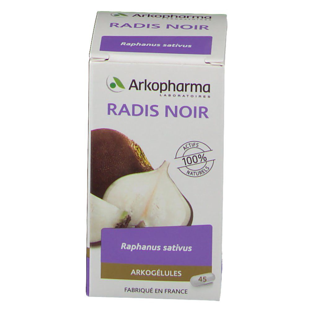 Schachtel mit Arkocaps Radis Noir. Abbildung von Radieschen und Produktinformationen. 45 Kapseln.