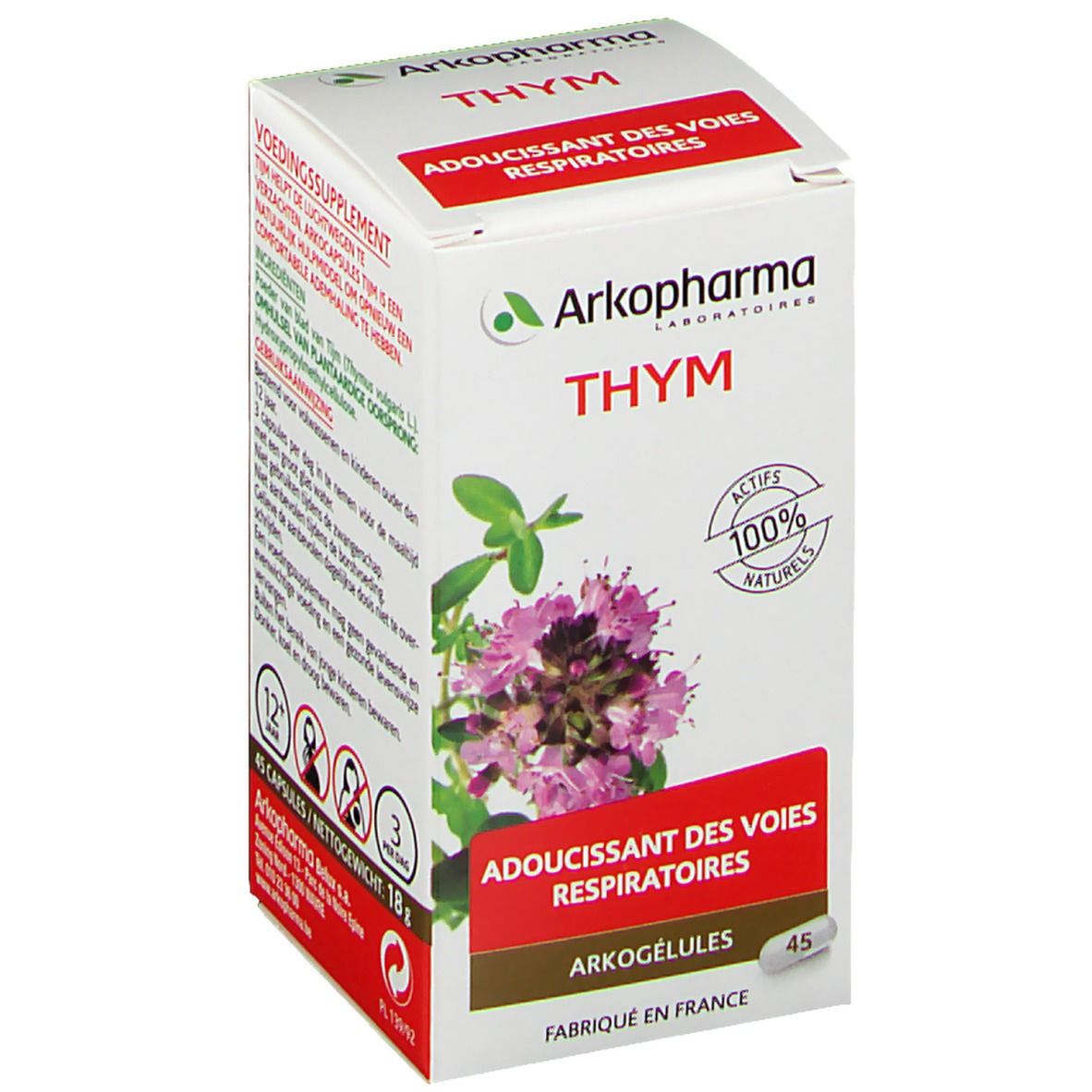 Weiße Schachtel mit Arkopharma Thym-Kapseln. Aufdruck: Thym, 100% natürliche Wirkstoffe, 45 Kapseln. Abbildung einer Pflanze.