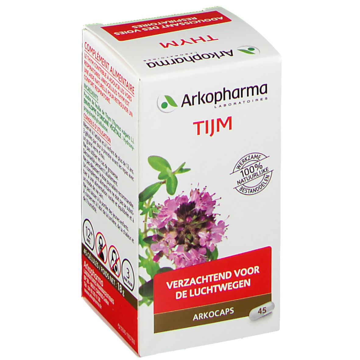 Weiße Schachtel mit Arkocaps Tijm. Aufdruck: Tijm, 100% natürliche Wirkstoffe, 45 Kapseln. Abbildung einer Pflanze.