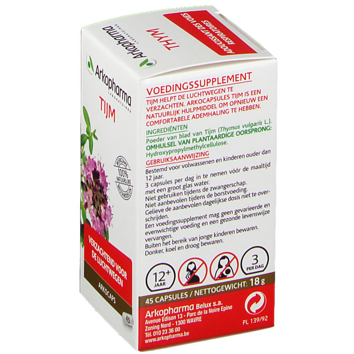 Rückseite der weißen Schachtel mit Arkocaps Tijm. Text in Niederländisch. 45 Kapseln, 18g. Warnhinweise und Dosierung.