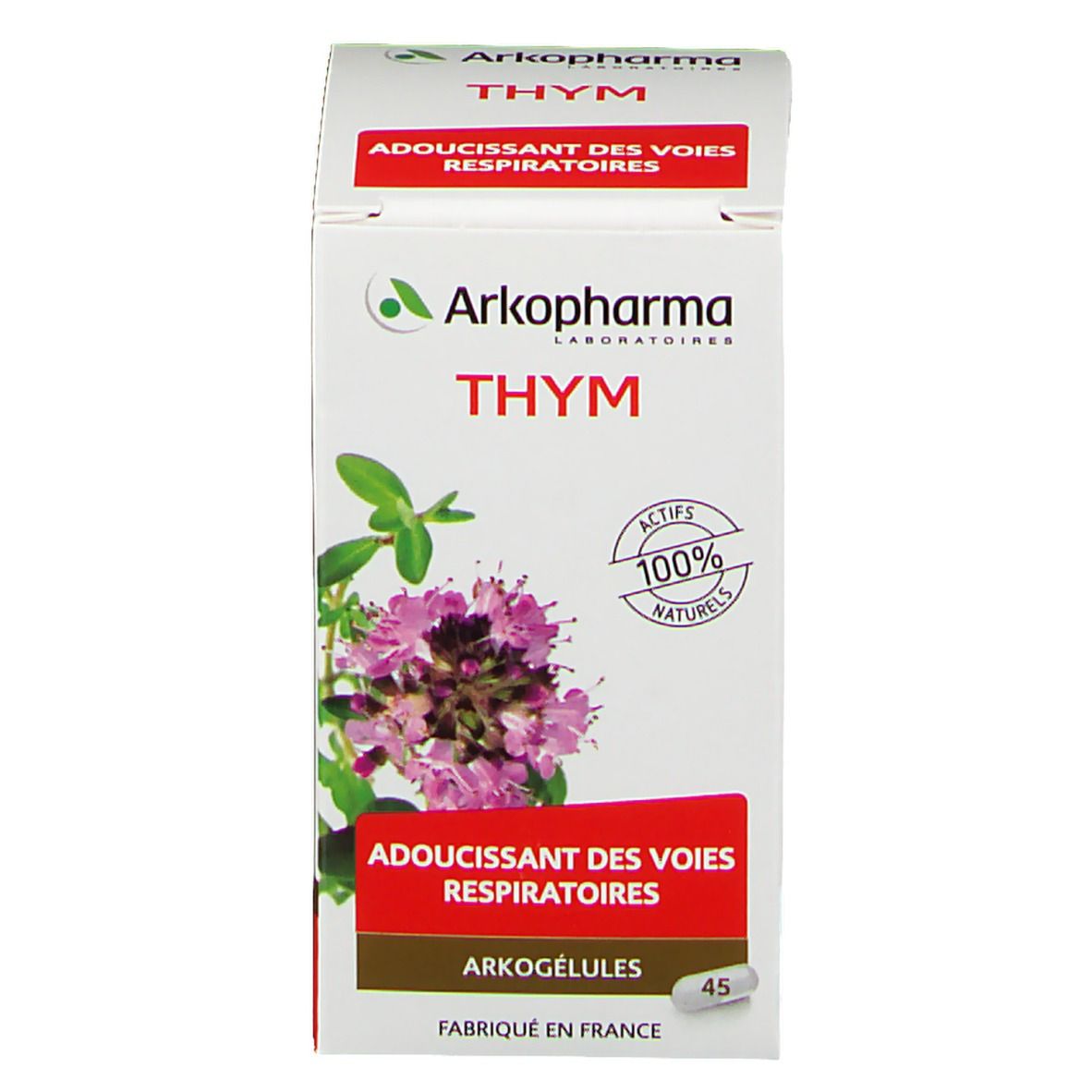 Weiße Schachtel mit Arkopharma Thym-Kapseln. Aufdruck: Thym, 100% natürliche Wirkstoffe, 45 Kapseln. Abbildung einer Pflanze.