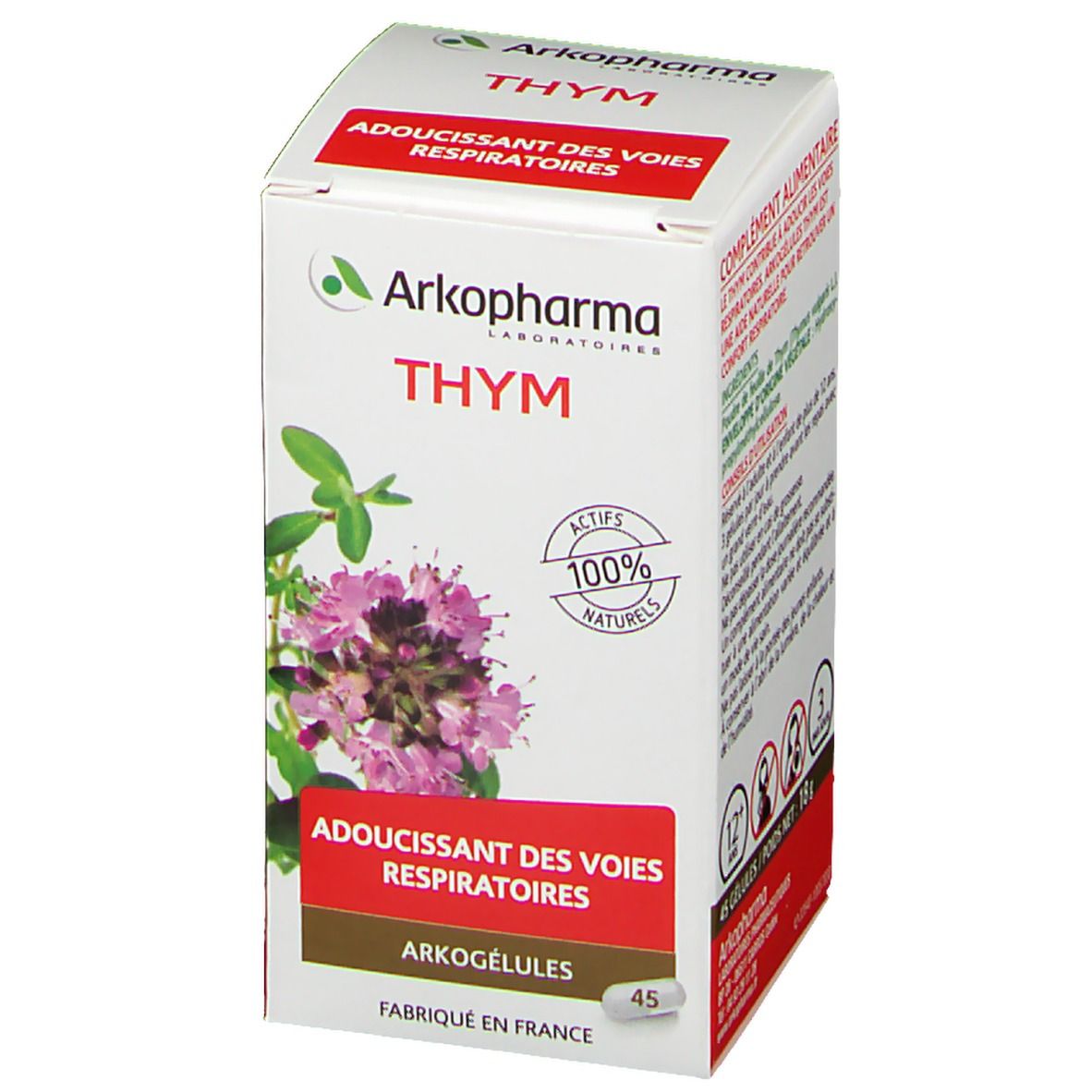 Weiße Schachtel mit Arkopharma Thym-Kapseln. Aufdruck: Thym, 100% natürliche Wirkstoffe, 45 Kapseln. Abbildung einer Pflanze.