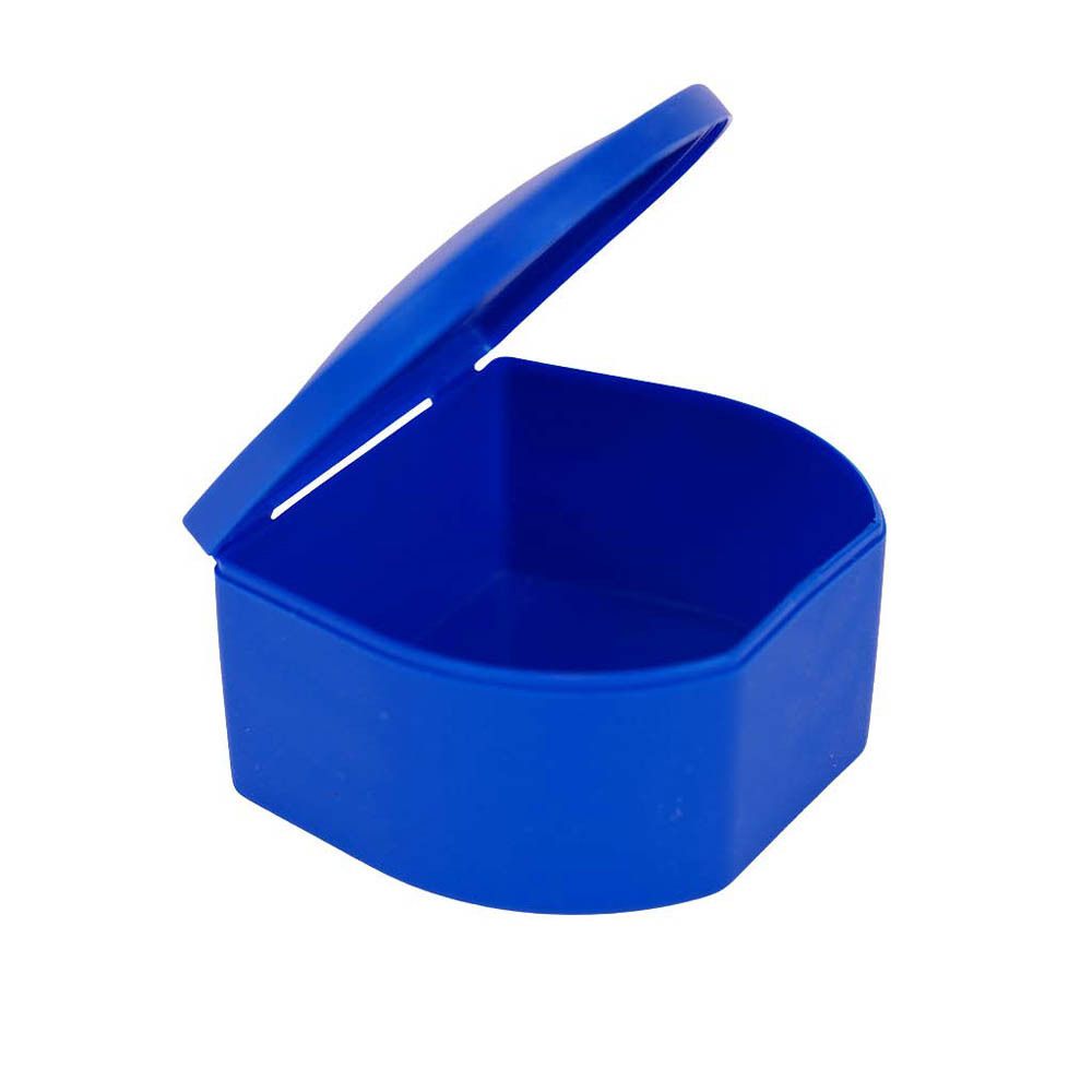 Blaue, rechteckige Zahnprothesenbehälter mit Deckel. Geöffnet, Innenansicht.