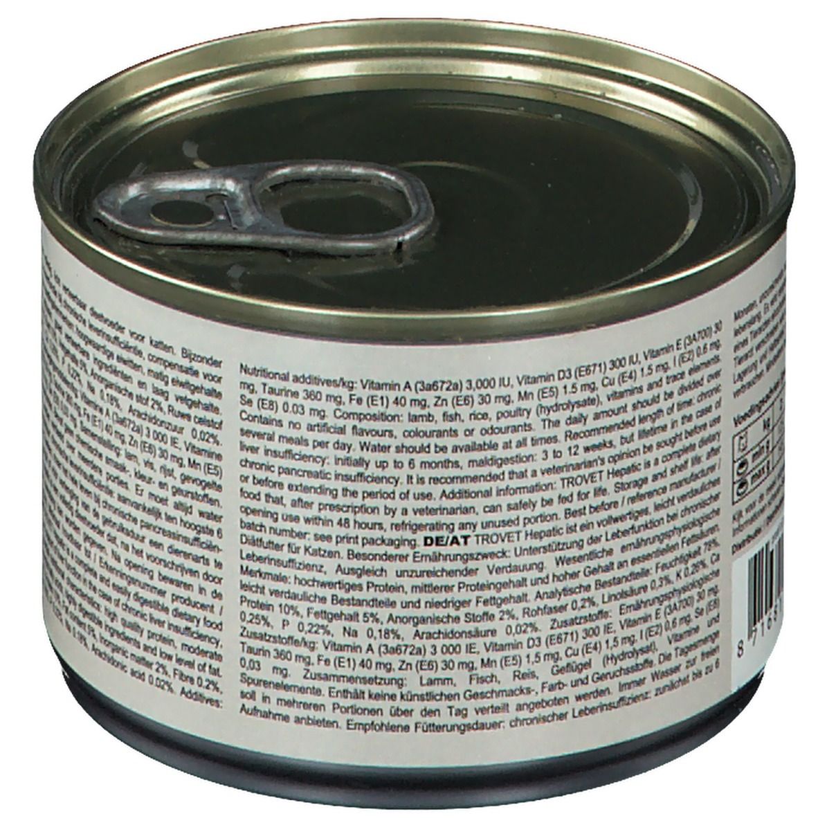Dose mit Text. TROVET Hepatic. Nährwertangaben. Katze-Silhouette. "Veterinary exclusive".