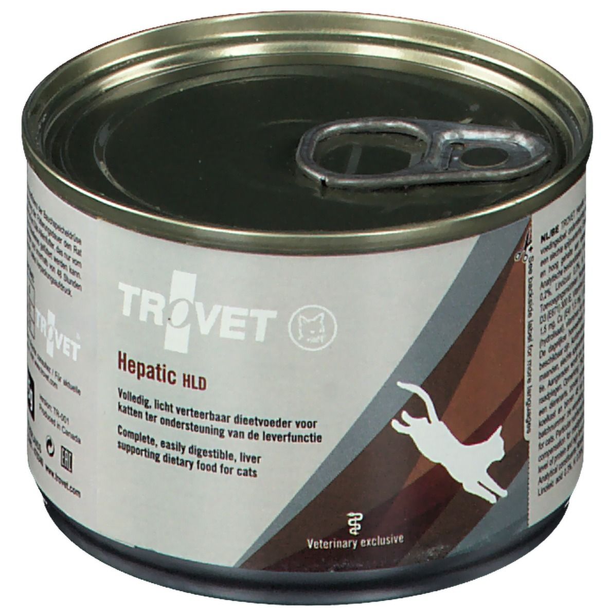 Metall-Dose mit TROVET Hepatic HLD. Braune und weiße Etiketten. Katze-Silhouette. "Veterinary exclusive".