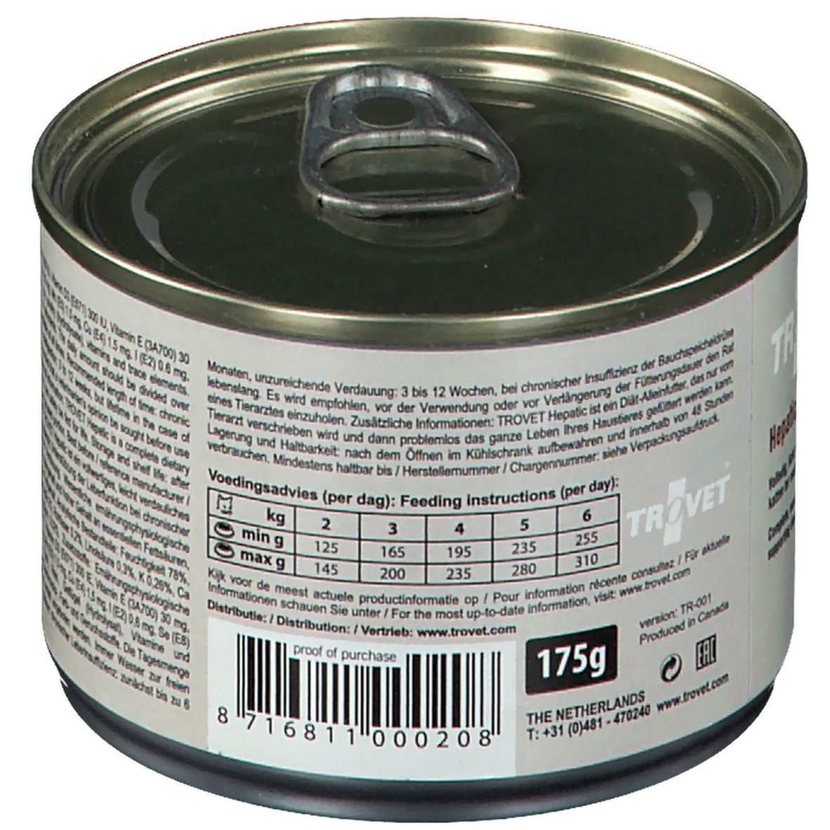 Dose mit Text. TROVET Hepatic. Fütterungsempfehlung. Katze-Silhouette. "Veterinary exclusive".