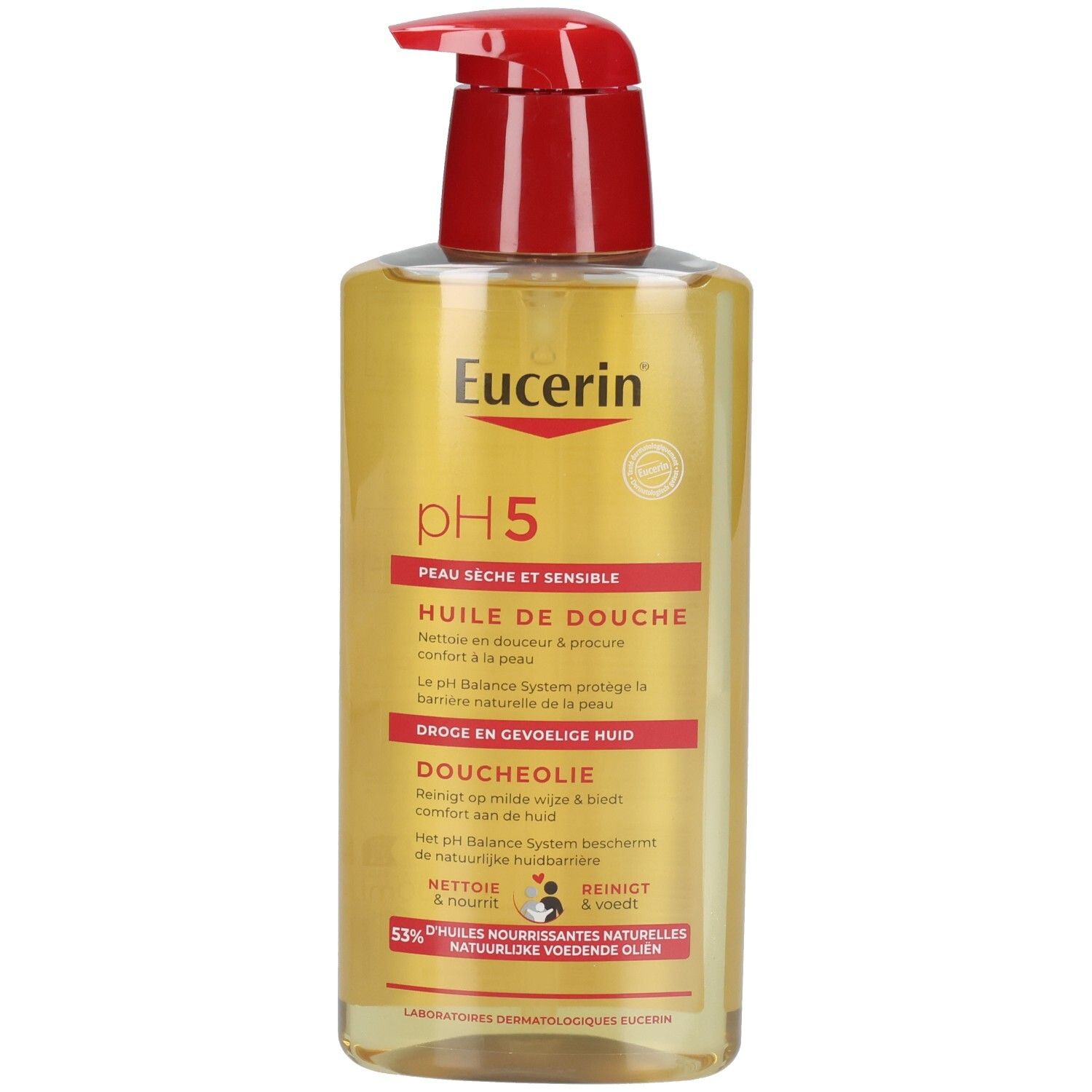 Eucerin pH5 Duschöl-Flasche mit rotem Pumpkopf. Gelbliche Flüssigkeit. Text auf Deutsch und Französisch.