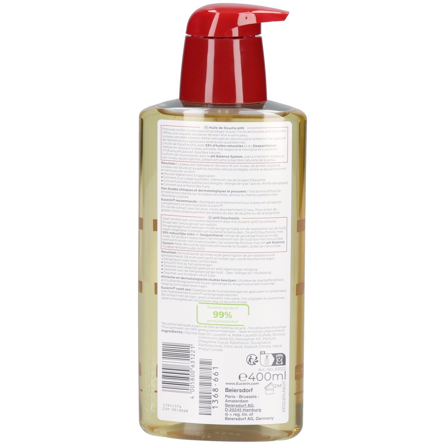 Rückseite der Eucerin pH5 Duschöl-Flasche. Text in mehreren Sprachen. Inhaltsstoffe und Informationen.