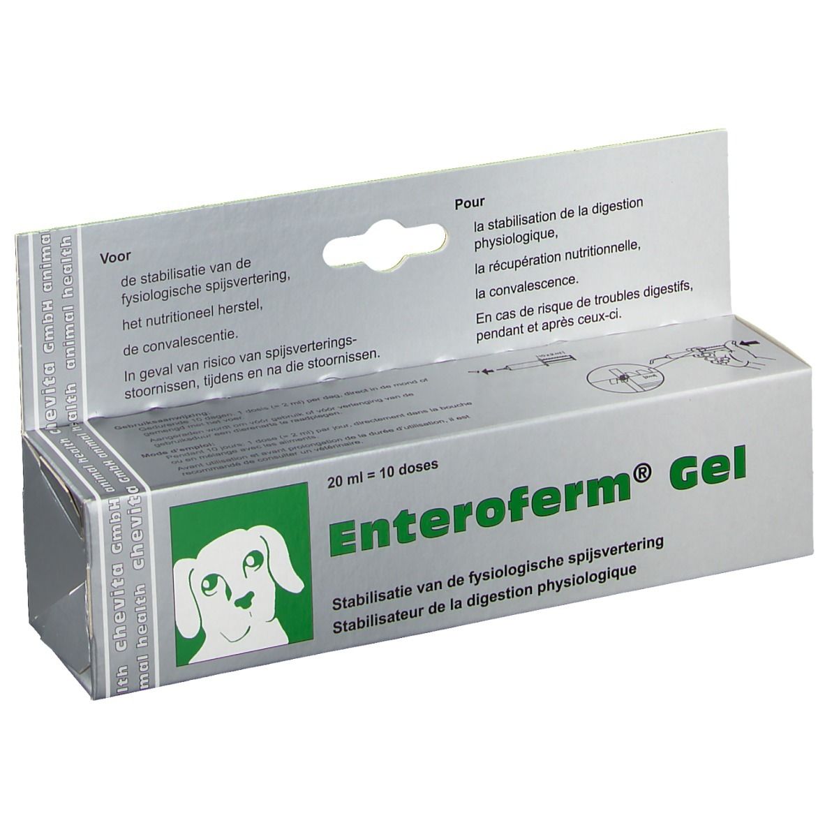 Schachtel mit Enteroferm® Gel. Grün-weiße Verpackung mit Produktnamen und Hund-Logo. Text in mehreren Sprachen.