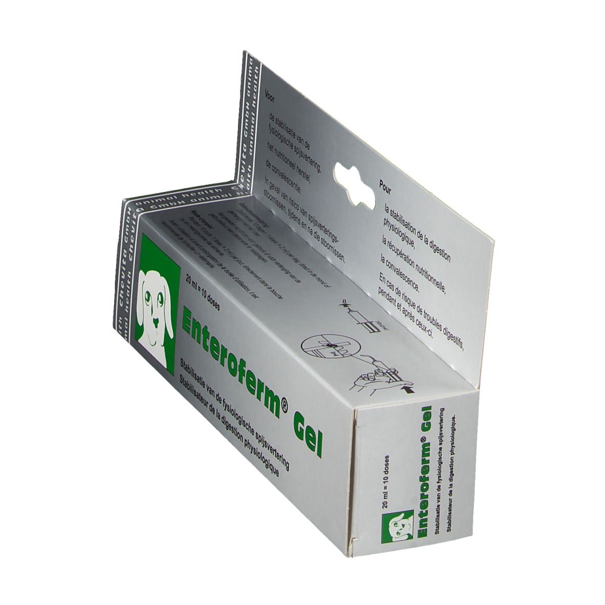 Geöffnete Schachtel Enteroferm® Gel. Grün-weiße Verpackung mit Produktnamen und Hund-Logo. Text in mehreren Sprachen.
