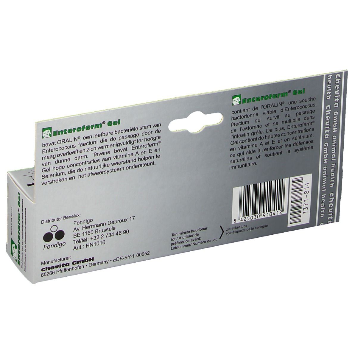 Rückseite der Enteroferm® Gel-Verpackung. Text in mehreren Sprachen, Herstellerinformationen und Barcode.