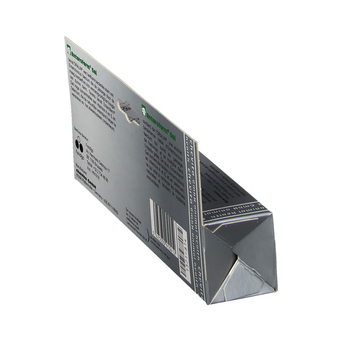 Schräg gestellte Rückseite der Enteroferm® Gel-Verpackung. Text in mehreren Sprachen, Herstellerinformationen und Barcode.