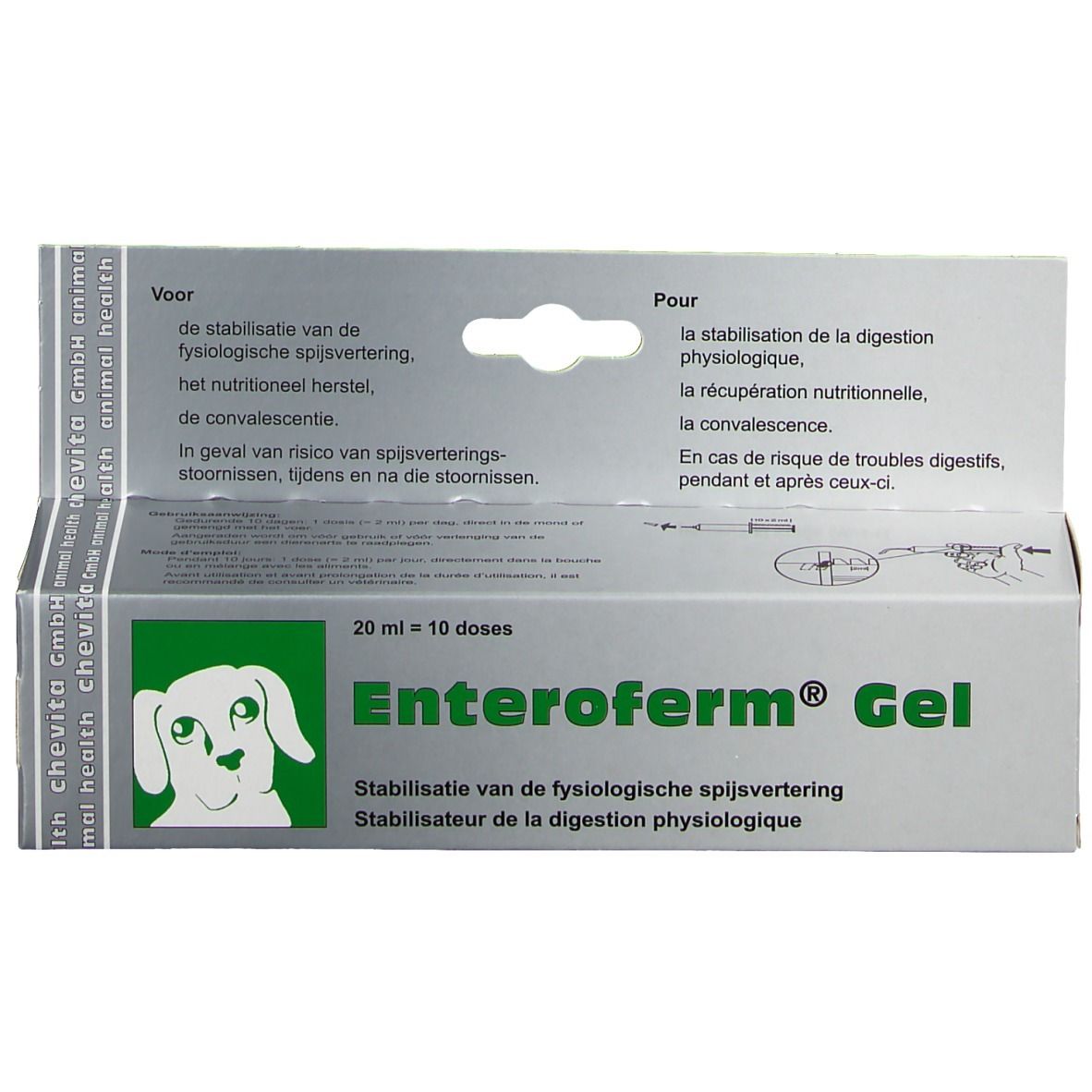 Enteroferm® Gel-Verpackung. Grün-weiße Schachtel mit Produktnamen, Hund-Logo und Text in mehreren Sprachen.