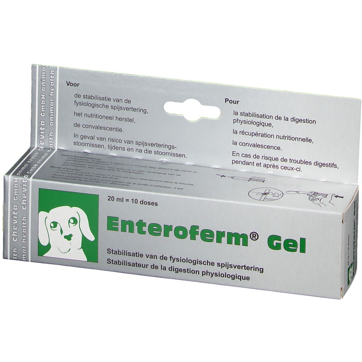 Enteroferm® Gel-Verpackung. Grün-weiße Schachtel mit Produktnamen, Hund-Logo und Text in mehreren Sprachen.