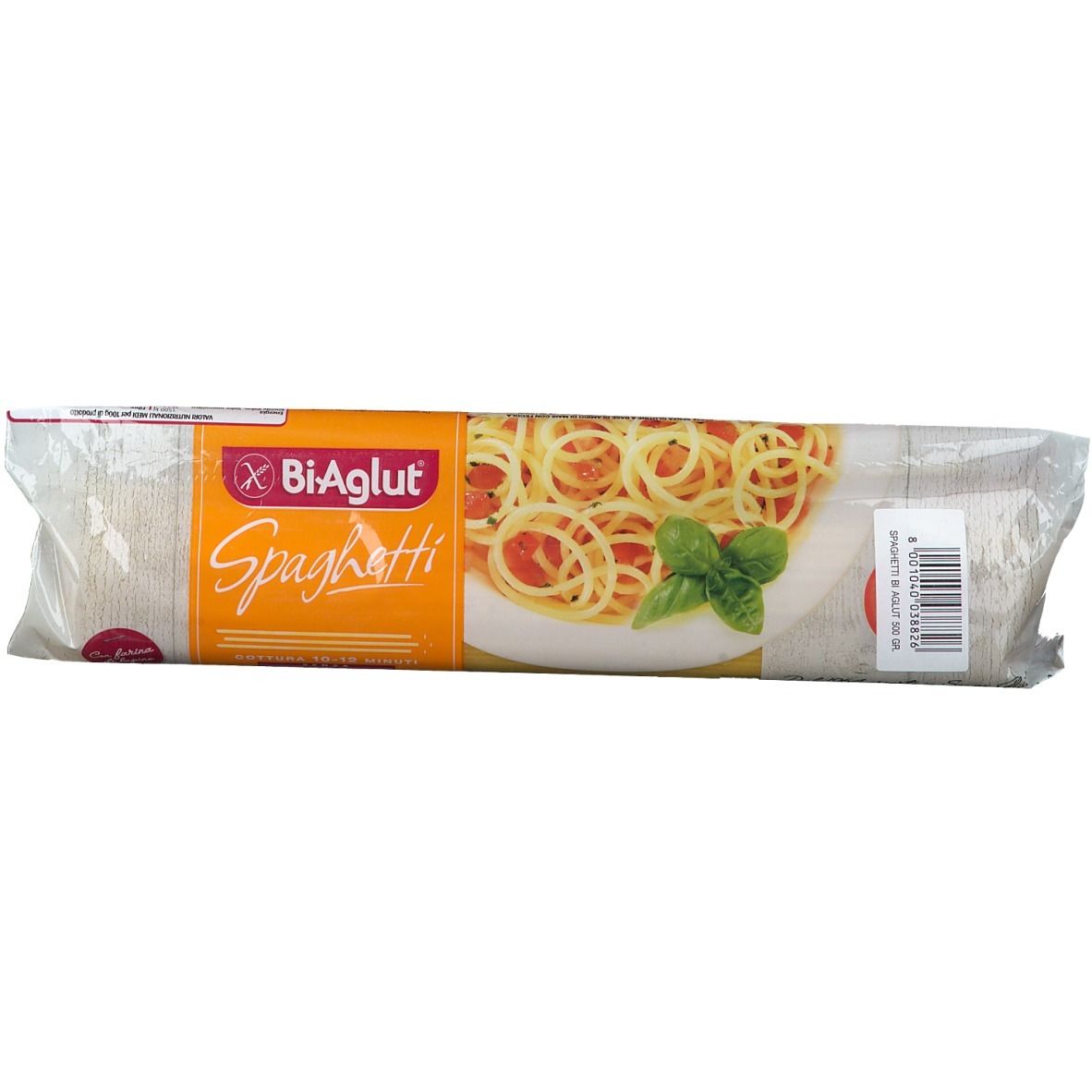 Verpackung mit Spaghetti. Aufschrift: Bi-Aglut Spaghetti. Abbildung von Spaghetti mit Tomaten und Basilikum.