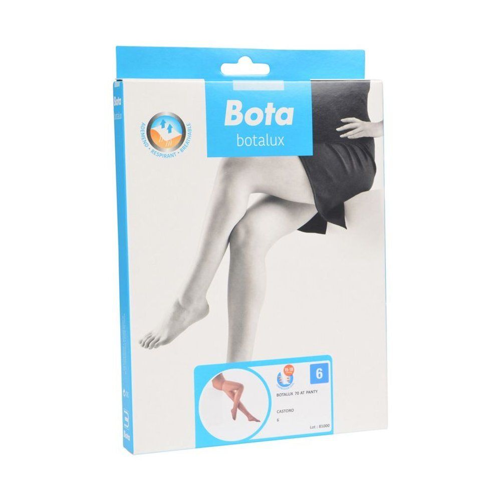 Emballage Bota Botalux. Illustration de jambes. Emballage bleu et blanc.