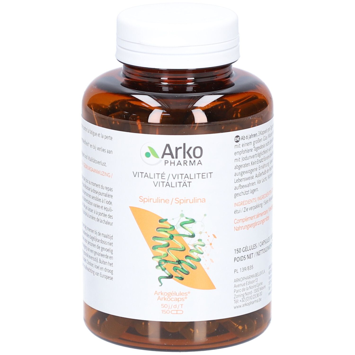 Flacon brun avec bouchon blanc. Étiquette avec informations produit et graphique spiruline. ArkoPharma Spiruline.