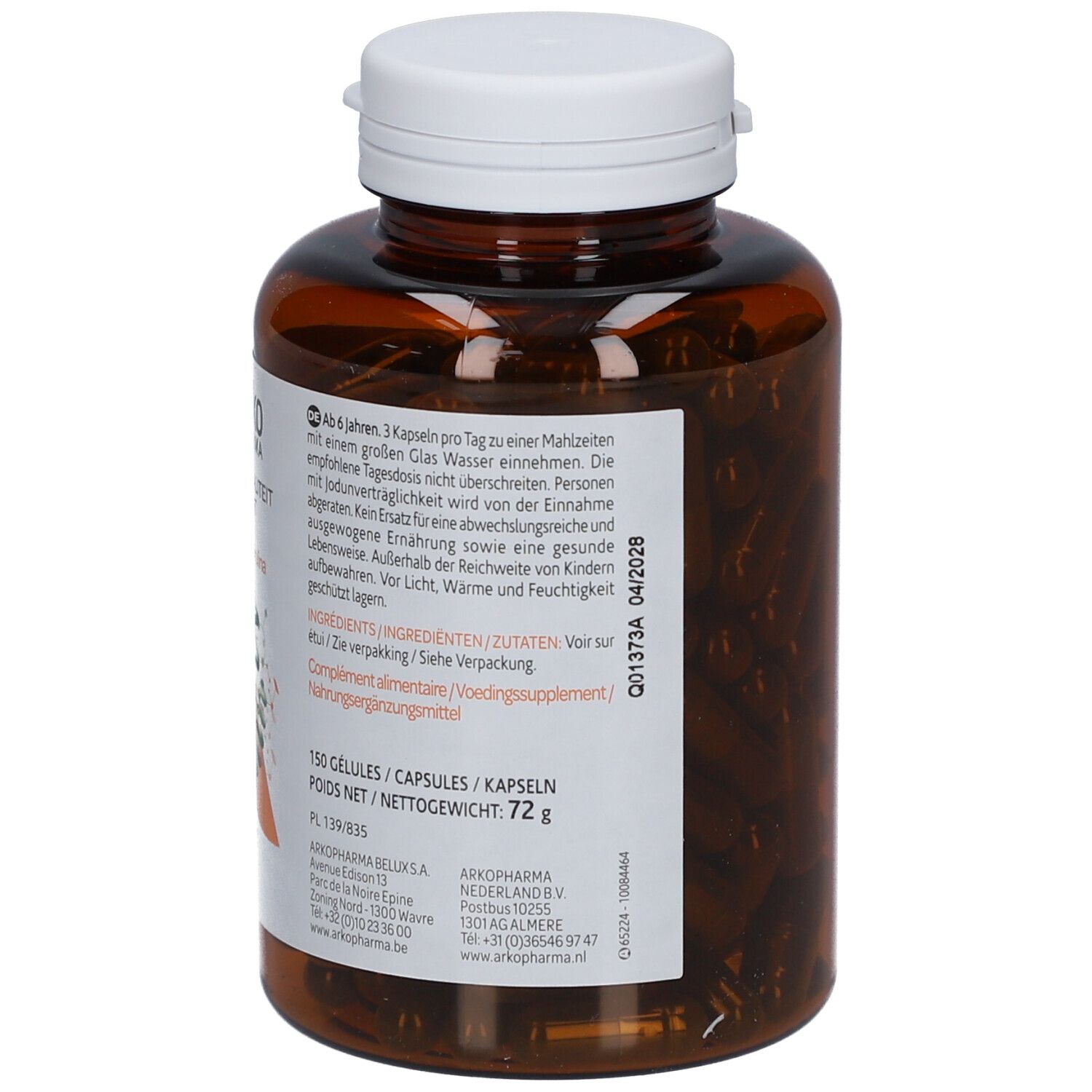 Dos d'un flacon brun avec bouchon blanc. Informations textuelles et date de péremption. ArkoPharma Spiruline.