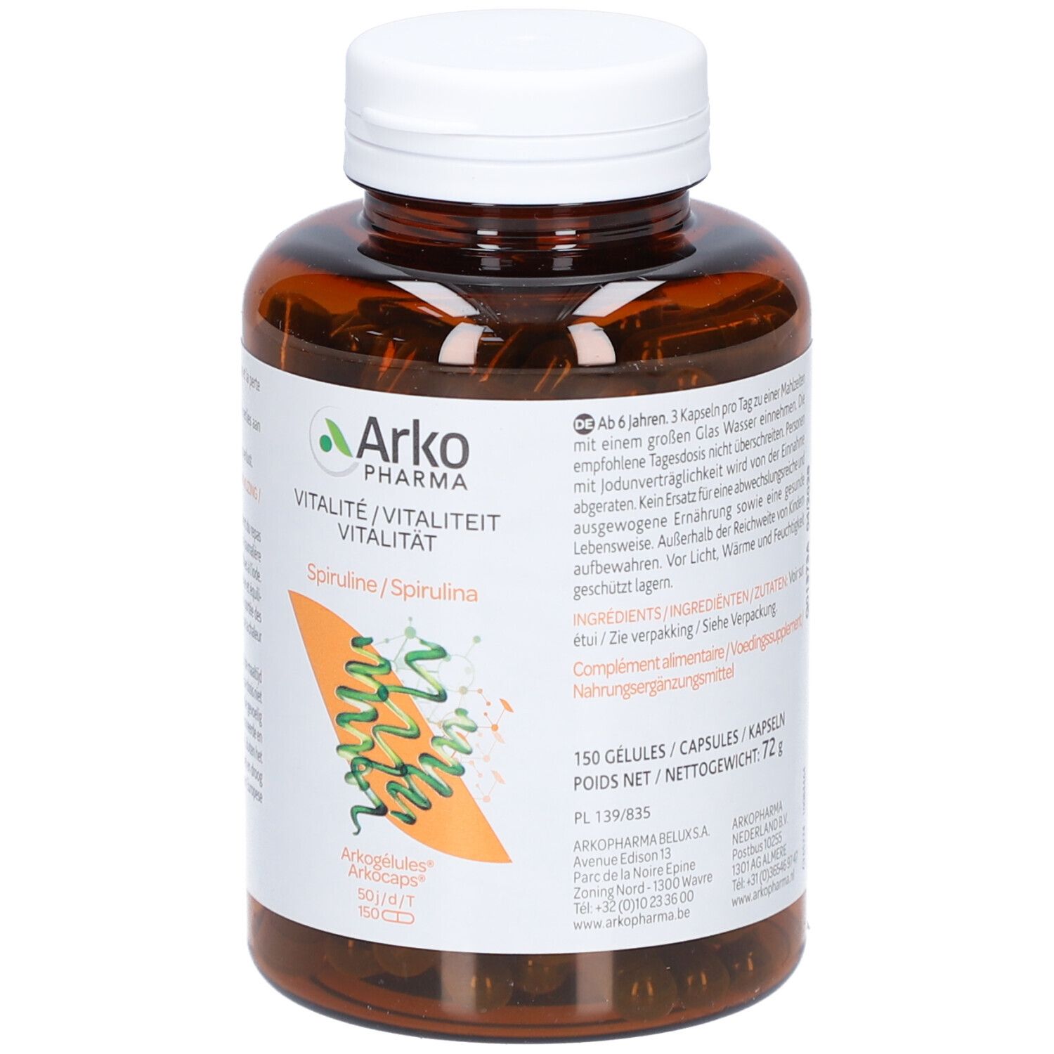 Flacon brun avec bouchon blanc. Étiquette avec informations produit et graphique spiruline. ArkoPharma Spiruline.