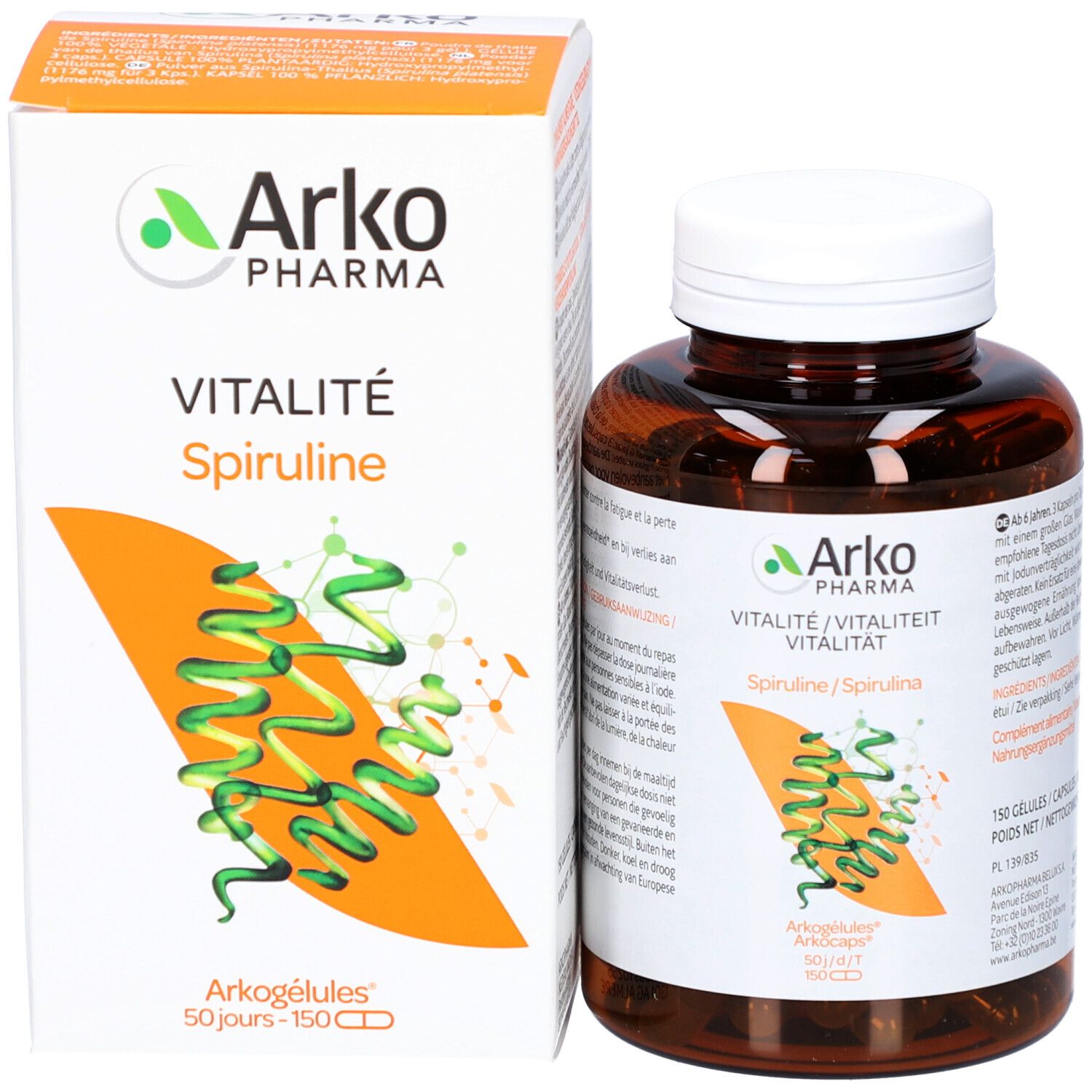 Flacon et emballage du produit. Flacon avec bouchon blanc. Emballage avec nom du produit et graphique spiruline. ArkoPharma Spiruline.