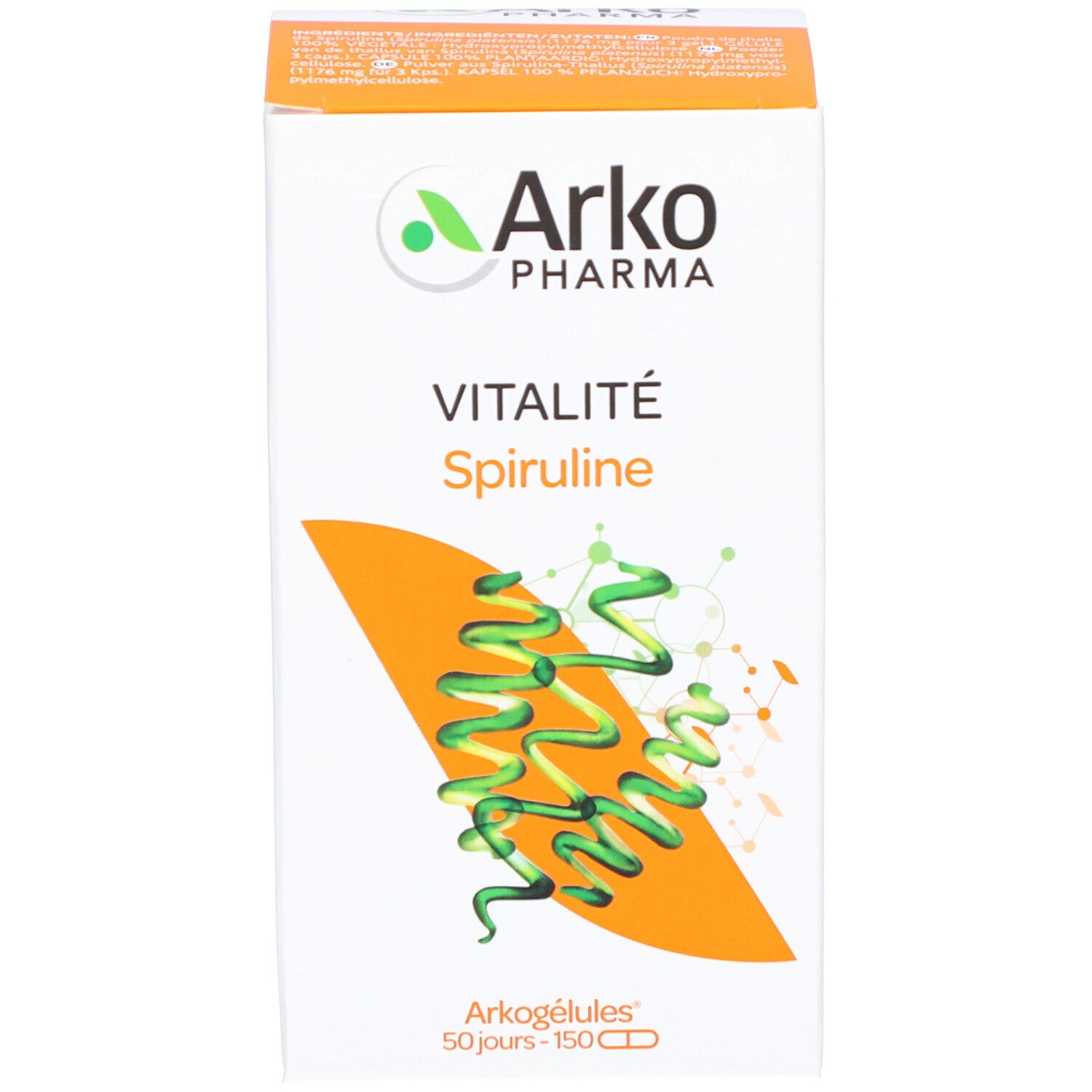 Emballage avec nom du produit et graphique spiruline. ArkoPharma Spiruline.